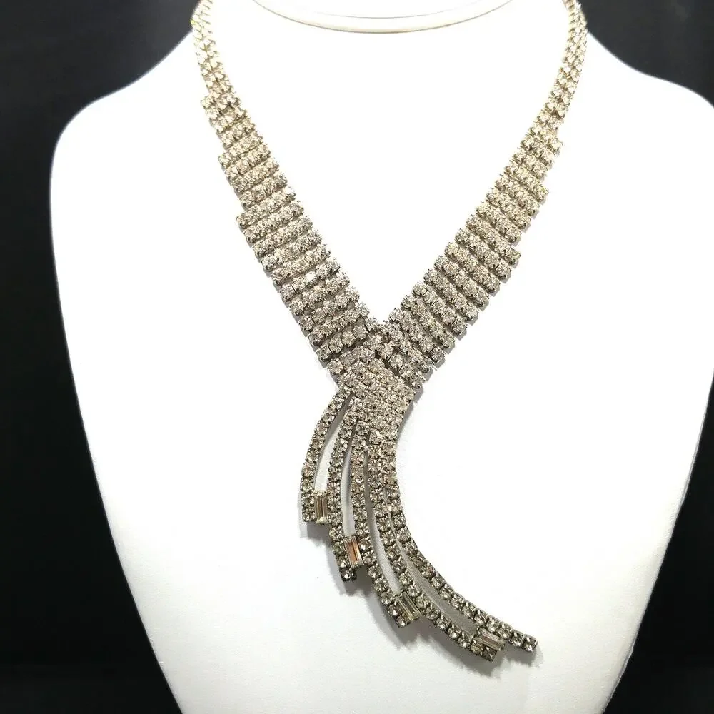 Vintage 1950s Rhinestone Statement Necklace, 5 Strand Fringe Drop Bridal Jewelry